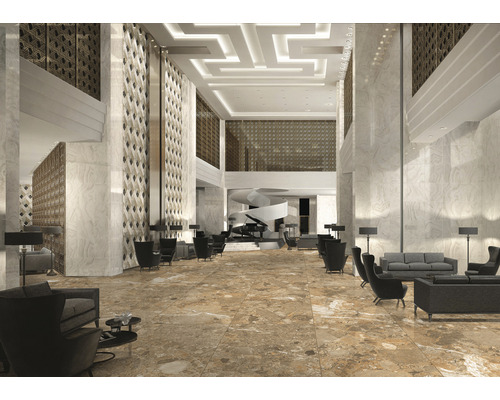 Lobby luminoasă și spațioasă cu coloane de marmură, zone de relaxare și scară în spirală