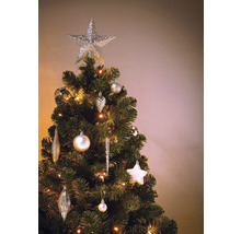 Pom de Crăciun împodobit cu vârf, globuri și ghirlandă luminoasă