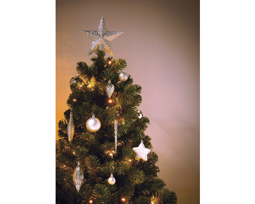 Pom de Crăciun împodobit cu vârf, globuri și ghirlandă luminoasă