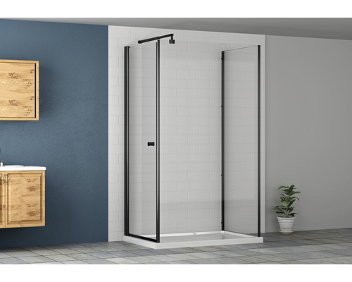 Cabină de duș cu cadru negru în baie.