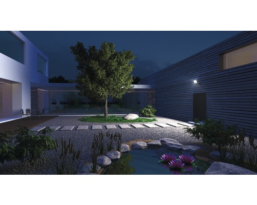 Grădină iluminată cu iaz, pietre, plante și casă modernă pe timp de noapte.