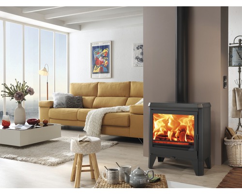 Cameră de zi cu sobă, canapea și măsuță de cafea