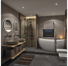 Baie cu duș, cadă, chiuvetă, oglinzi și toaletă într-un design luminos.