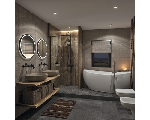 Baie cu duș, cadă, chiuvetă, oglinzi și toaletă într-un design luminos.