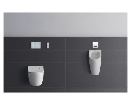 Baie cu toaletă, urinal și plăci de acționare în fața unui perete gri