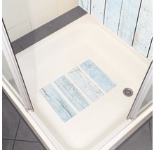 Duș cu cabină de duș și covorașe de duș cu aspect de lemn