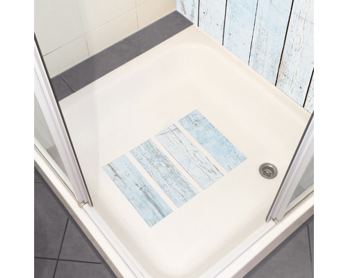 Duș cu cabină de duș și covorașe de duș cu aspect de lemn