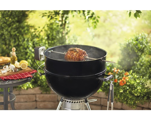 Grătar sferic cu friptură pe o frigăruie rotativă și garnituri pe o masă