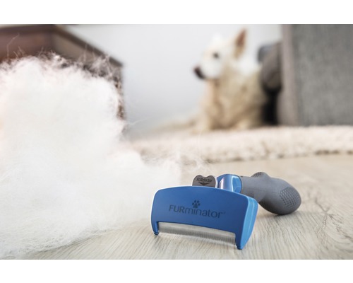 Perie FURminator pentru păr de animale cu păr de câine și câine în fundal