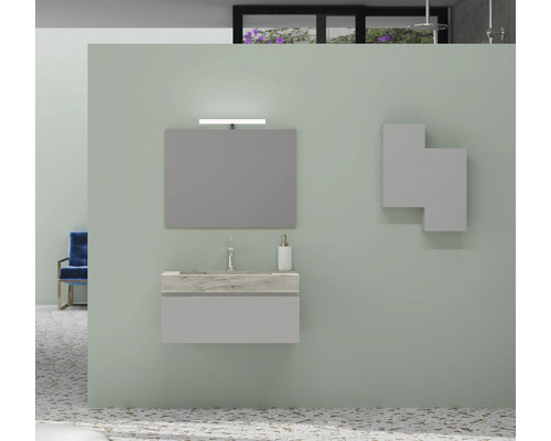 Baie cu dulap inferior pentru lavoar, oglindă, lampă și dulap suspendat