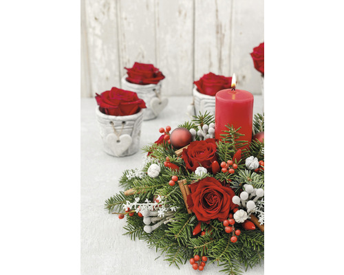 Coroană de Advent de Crăciun cu lumânări, trandafiri și ramuri de brad