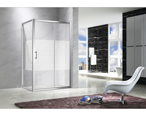 Baie cu cabină de duș cu ușă glisantă și model geometric