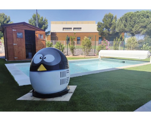 Scenă de piscină cu piscină, acoperire piscină, căsuță de grădină și pompă de căldură pentru piscină în design pinguin