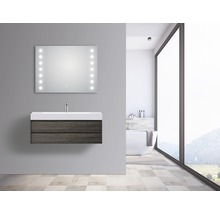 Baie modernă cu dulap de bază pentru lavoar, lavoar și oglindă iluminată