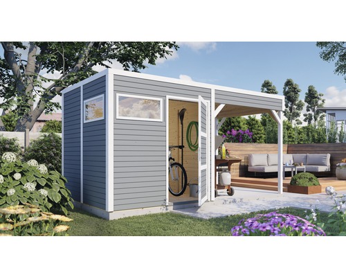 Căsuță de grădină Bertilo Cubo 2 cu podea și terasă 449x234 cm, gri deschis Scenă de grădină cu magazie de scule, unelte de grădină, grătar și zonă de relaxare pe terasă