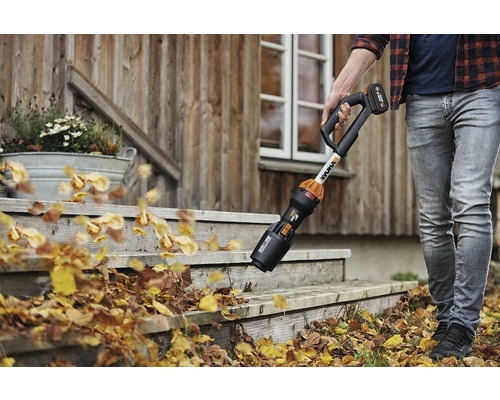 O persoană îndepărtează frunzele cu o suflantă de frunze fără fir de pe o scară din fața unei case.