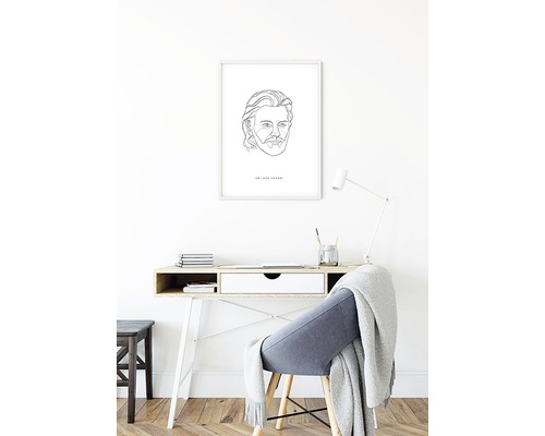 Desen decorativ cu un bărbat deasupra unui birou