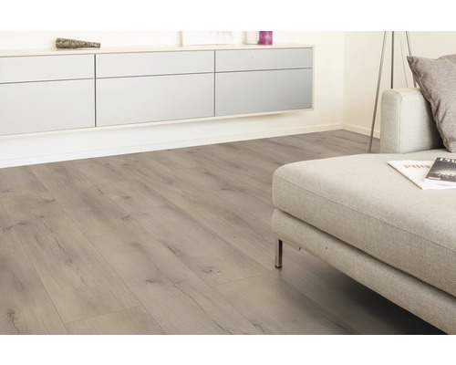 Cameră de zi luminoasă cu parchet laminat cu aspect de lemn și canapea modernă