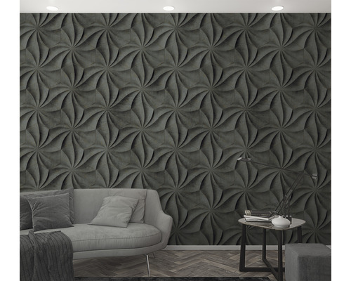 Cameră de zi cu canapea, lampă de masă și panouri de perete cu model geometric tridimensional