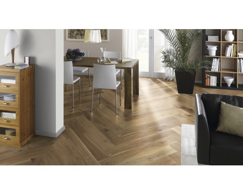 Scenă de interior cu parchet în stil herringbone, masă și scaune pentru sufragerie, bibliotecă și plantă de interior