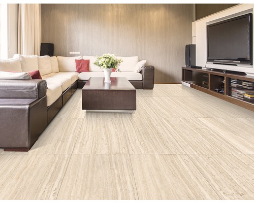 Living cu canapea, masă, televizor și gresie