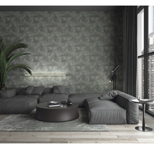 Living modern cu canapea modulară, masă rotundă, perete decorativ și fereastră mare