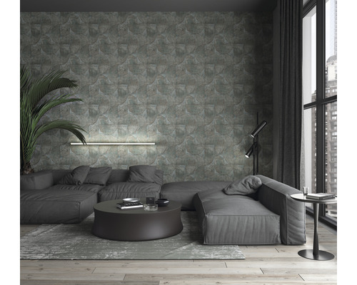 Living modern cu canapea modulară, masă rotundă, perete decorativ și fereastră mare