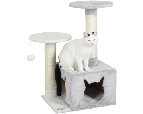 Ansamblu de joacă pentru pisici cu suprafețe de odihnă, stâlpi din sisal și căsuță cu deschidere în formă de cap de pisică
