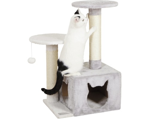 Pisică zgâriind un ansamblu de joacă cu suprafețe de odihnă și o grotă