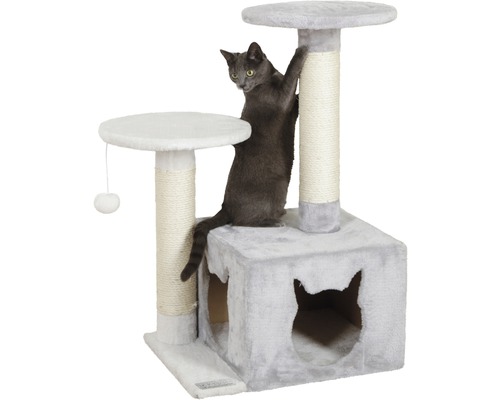 Pisică urcând pe un ansamblu de joacă pentru pisici cu platforme și o căsuță