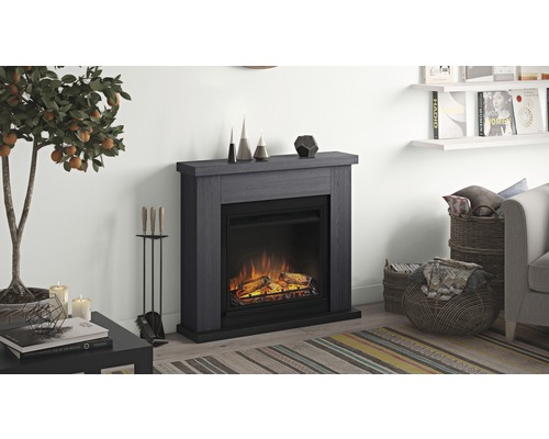 Șemineu electric cu aspect de lemn gri într-un living.