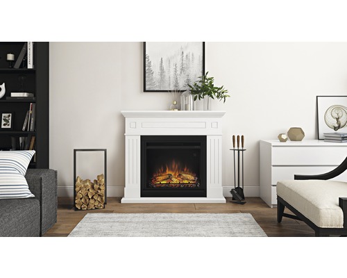 Living cu șemineu electric, set de șemineu și coș pentru lemne