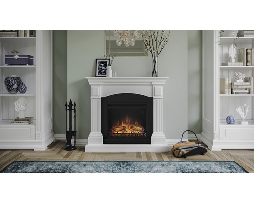 Living cu șemineu electric, set de unelte pentru șemineu și biblioteci