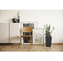 Scenă cu interior modern: dulap, scaun, plante și rame foto.