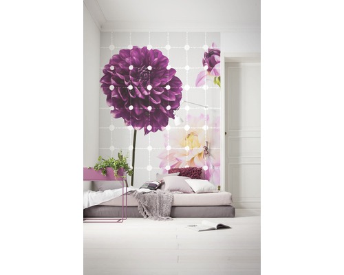 Cameră luminoasă cu fototapet cu motiv floral, pat jos și plante de interior