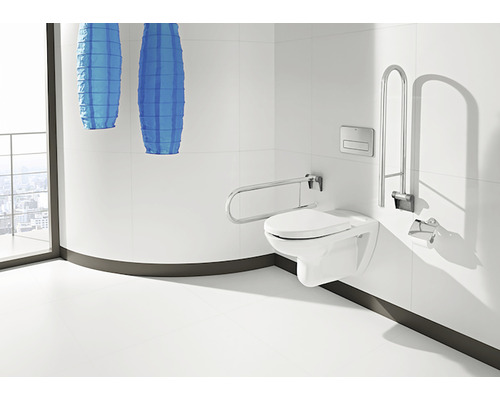 Baie accesibilă cu WC suspendat și mânere metalice