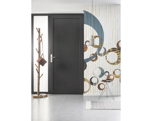 Hol cu suport pentru haine, ușă și decor de perete cu model circular