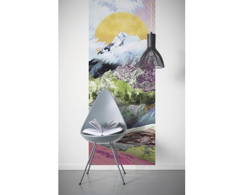 Vedere a camerei cu fototapet, scaun și lampă suspendată