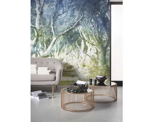 Scenă cu fototapet cu un drum forestier, canapea și două mese