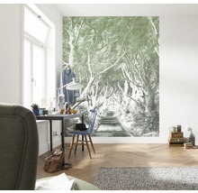 Cameră de zi cu fototapet cu un drum forestier