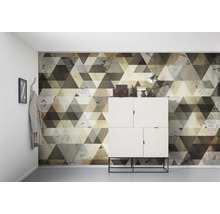 Cameră de zi cu tapet de perete geometric triunghiular și dulap alb