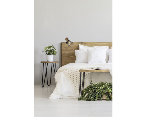 Dormitor cu cadru de pat din lemn, noptieră, lampă și plante de interior