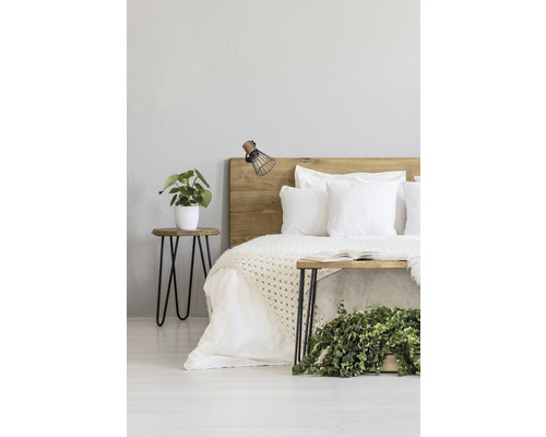 Dormitor luminos cu pat din lemn, noptieră, lampă și plante de interior