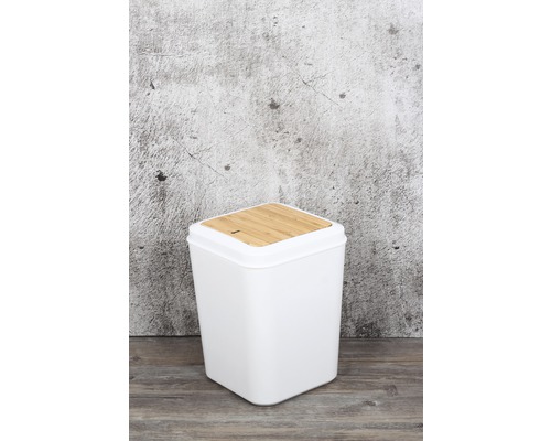 Coș de gunoi alb cu capac din bambus