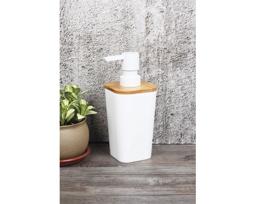 Dispenser de săpun alb cu capac din bambus