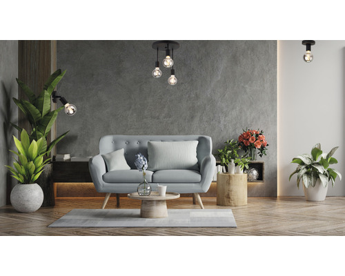 Living cu canapea, măsuță de cafea, plante de interior și iluminat