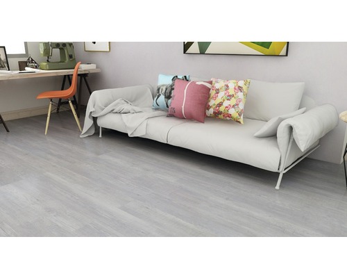 Cameră de zi cu podea din lemn deschis, canapea și birou