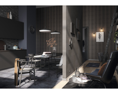 Vedere interioară a unei sufragerii cu bucătărie, scaune, masă și elemente decorative