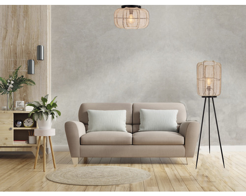 Living cu canapea, lampadar și lampă suspendată