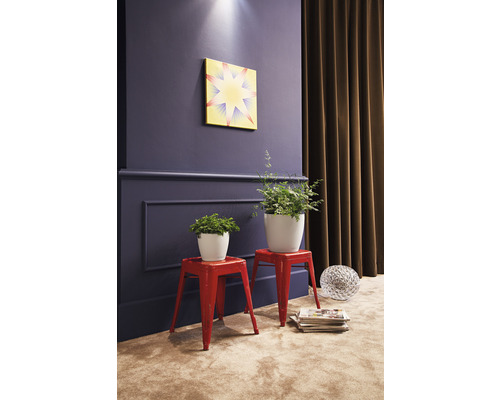 Cameră de zi cu tablou, plante în ghivece pe scaune, reviste și glob decorativ